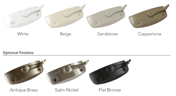 Seven double-hung window locks in different finishes: white, beige, sandstone, coppertone, antique b…