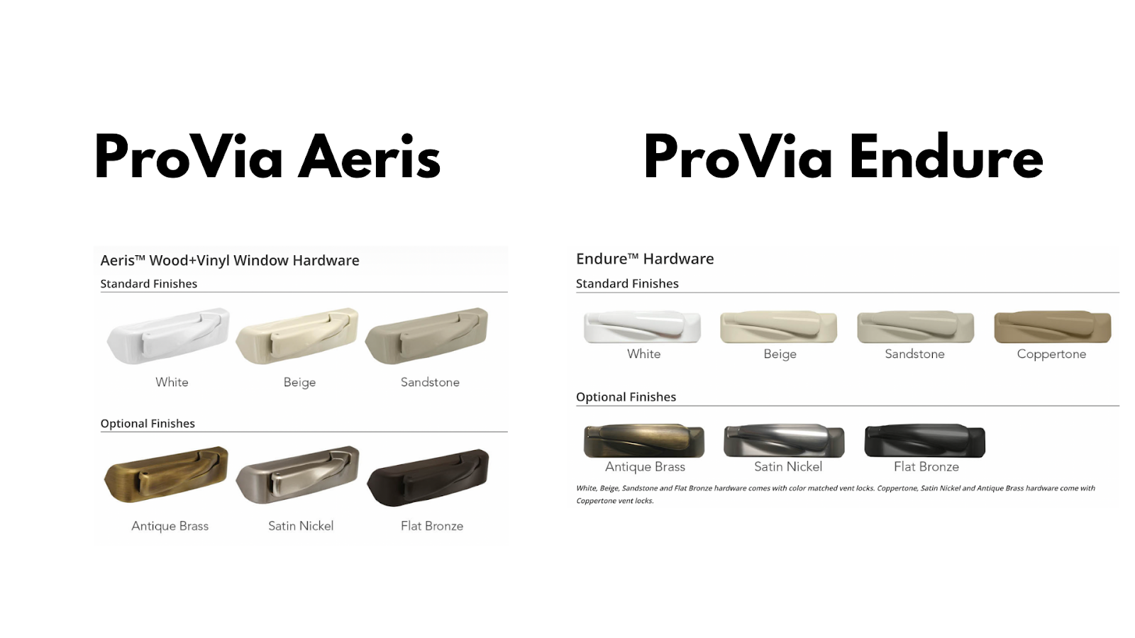 The words &quot;ProVia Aeris&quot; and &quot;ProVia Endure&quot; with several different window hardware shapes and the different finishes with their names underneath them. 
