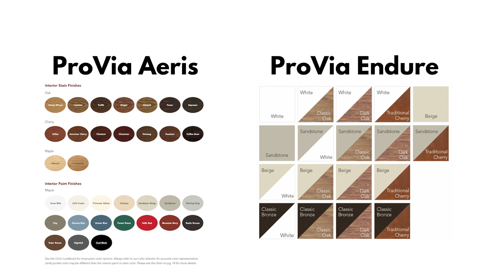 The words &quot;ProVia Aeris&quot; and &quot;ProVia Endure&quot; against a white background with graphics underneath them with numerous color circles and squares for the window finish options.