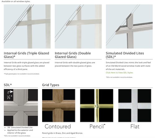 A graphic with four different up-close photos of grids in a window with different finishes: simulated divided lite, contoured, pencil, and flat.