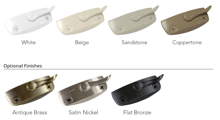 Seven double-hung window locks in different finishes: white, beige, sandstone, coppertone, antique brass, satin nickel, and flat bronze.