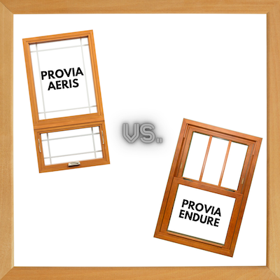 A graphic with two windows that look like light wood on opposite corners of each other with the words &quot;ProVia Aeris&quot; and &quot;ProVia Endure&quot; inside the windows with a vs. in between them and a window frame border around the white background.