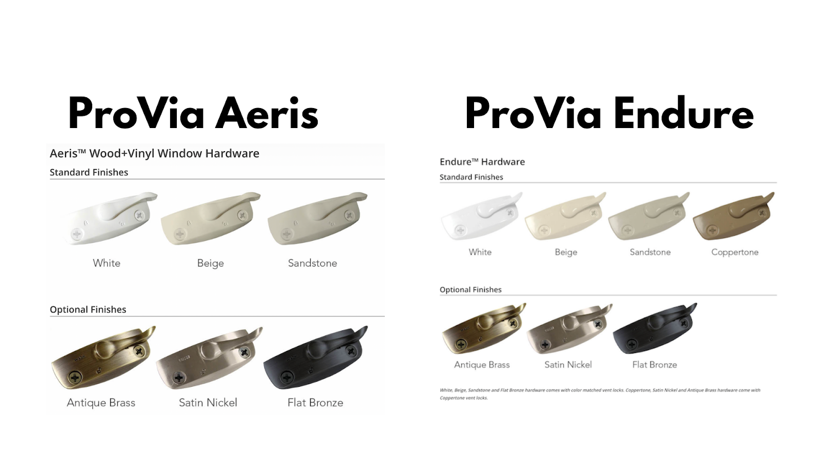 The words &quot;ProVia Aeris&quot; and &quot;ProVia Endure&quot; with several different window hardware shapes and the different finishes with their names underneath them. 