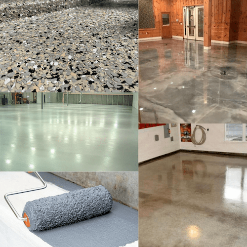 A collage of five different images of different concrete coating types like polyurea chip, metallic…