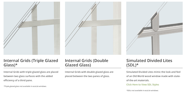 Three images that describe and show up-close simulated-divided lite patterns in a window in this order: internal grids triple pane, internal grids double pane, simulated divided lite. Each image has a short description below.