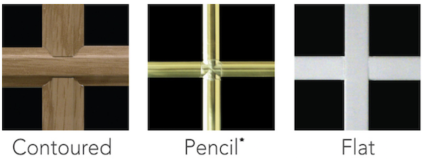 Three close-up images of a T-shaped window grid against a black background. The first is wood and contoured, the second is golden and rounded like pencils, and the third is white and flat. 