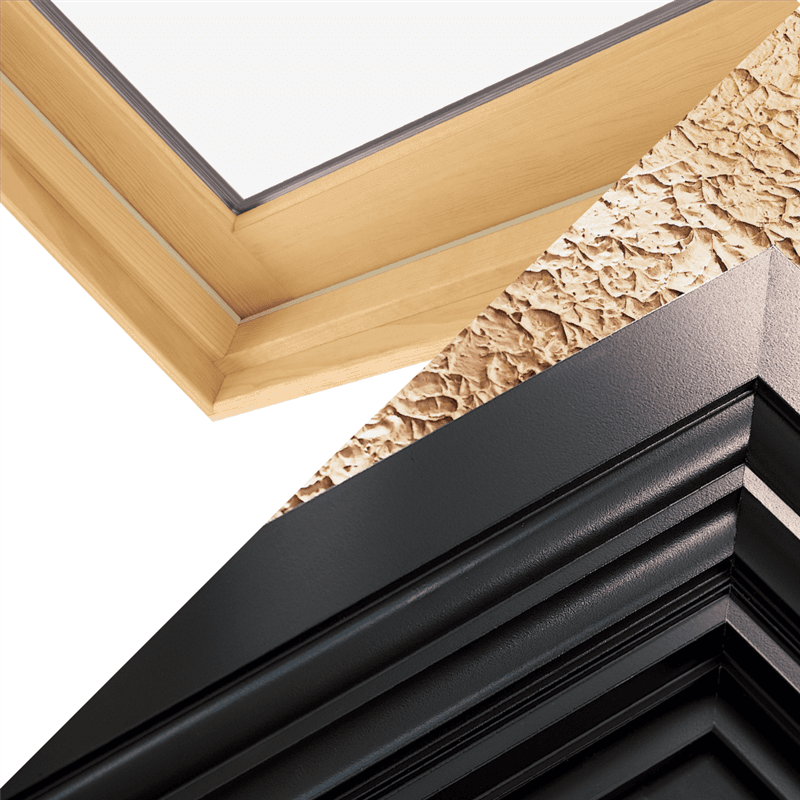 A square image split down the middle diagonally with the top left being a light colored wood window…