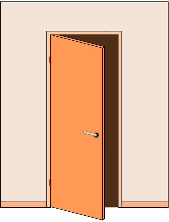 A graphic of an orange door that is slightly opened with a beige wall around it and orange trim on the bottom of the wall.