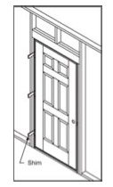 An illustration shows a door frame with a shim at the bottom labeled